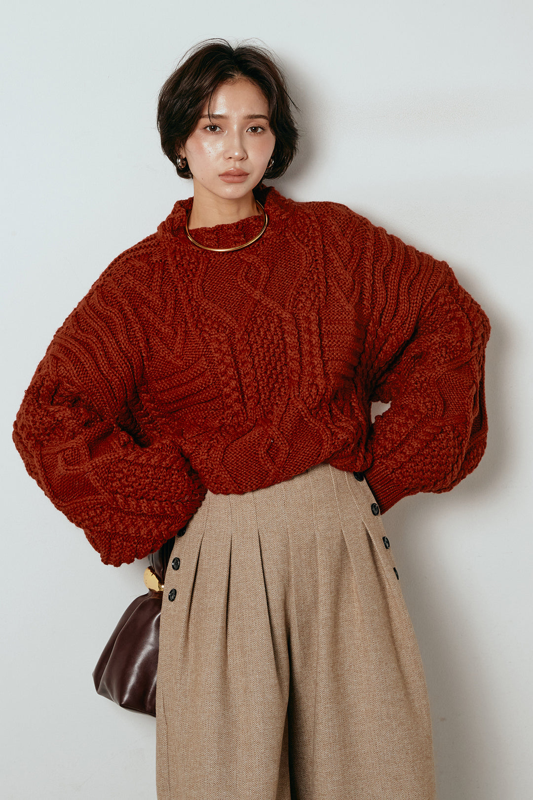 [SET]アラン柄ミックスケーブルニット+サイドボタンツイードタックパンツ(2set)