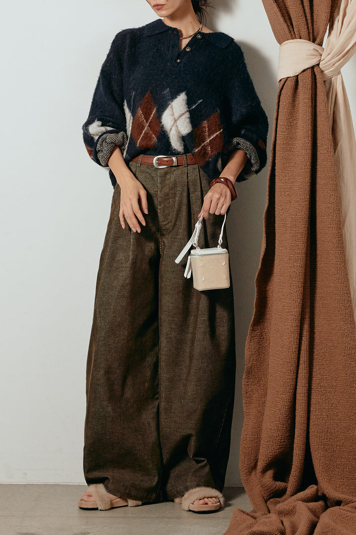 [SET]アーガイル柄ポロニットトップス+フロントタック入りコーデュロイパンツ(2set)