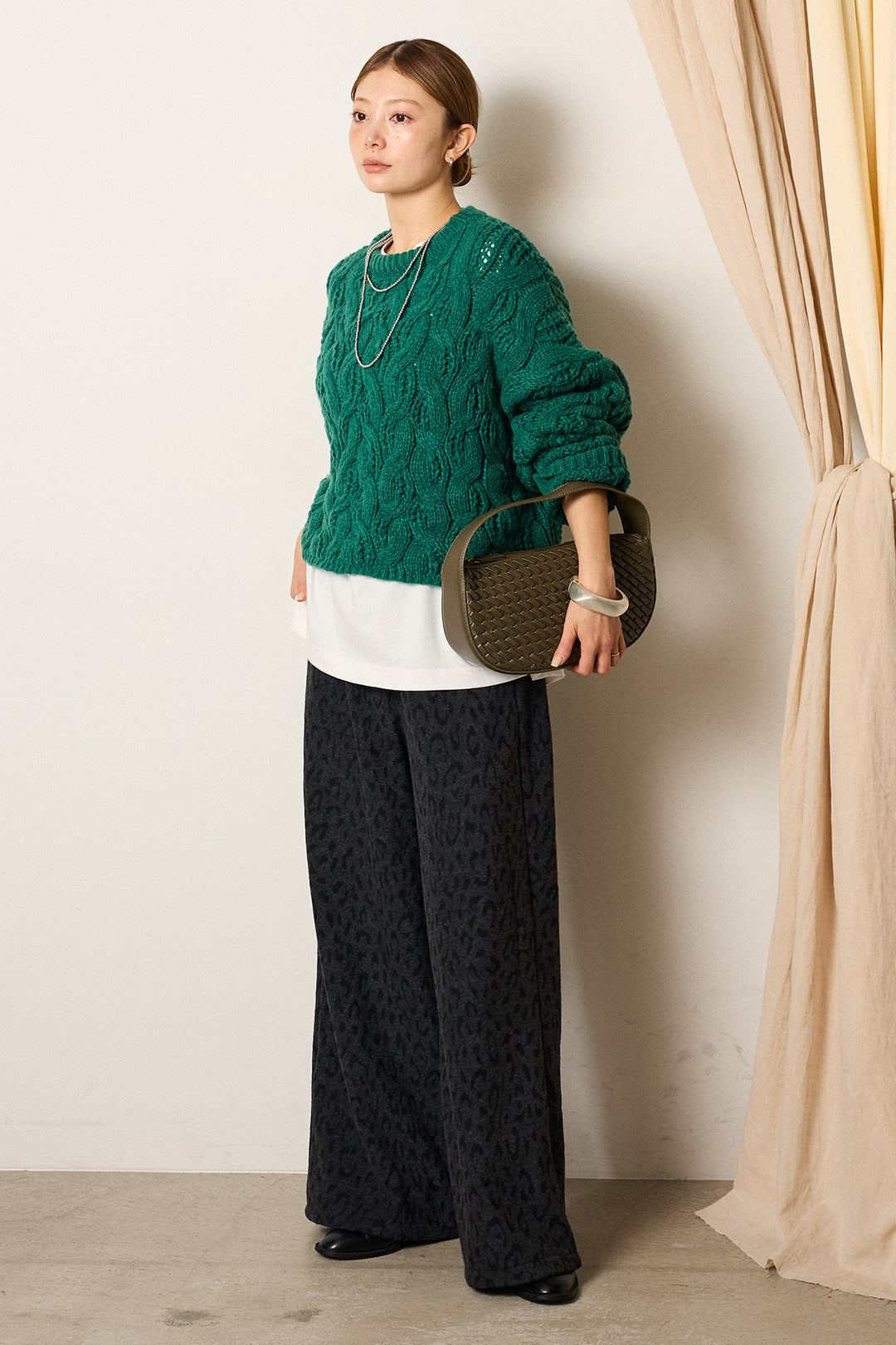 [SET]ケーブルリラックスショートニット+レオパードジャガードニットパンツ(2set)