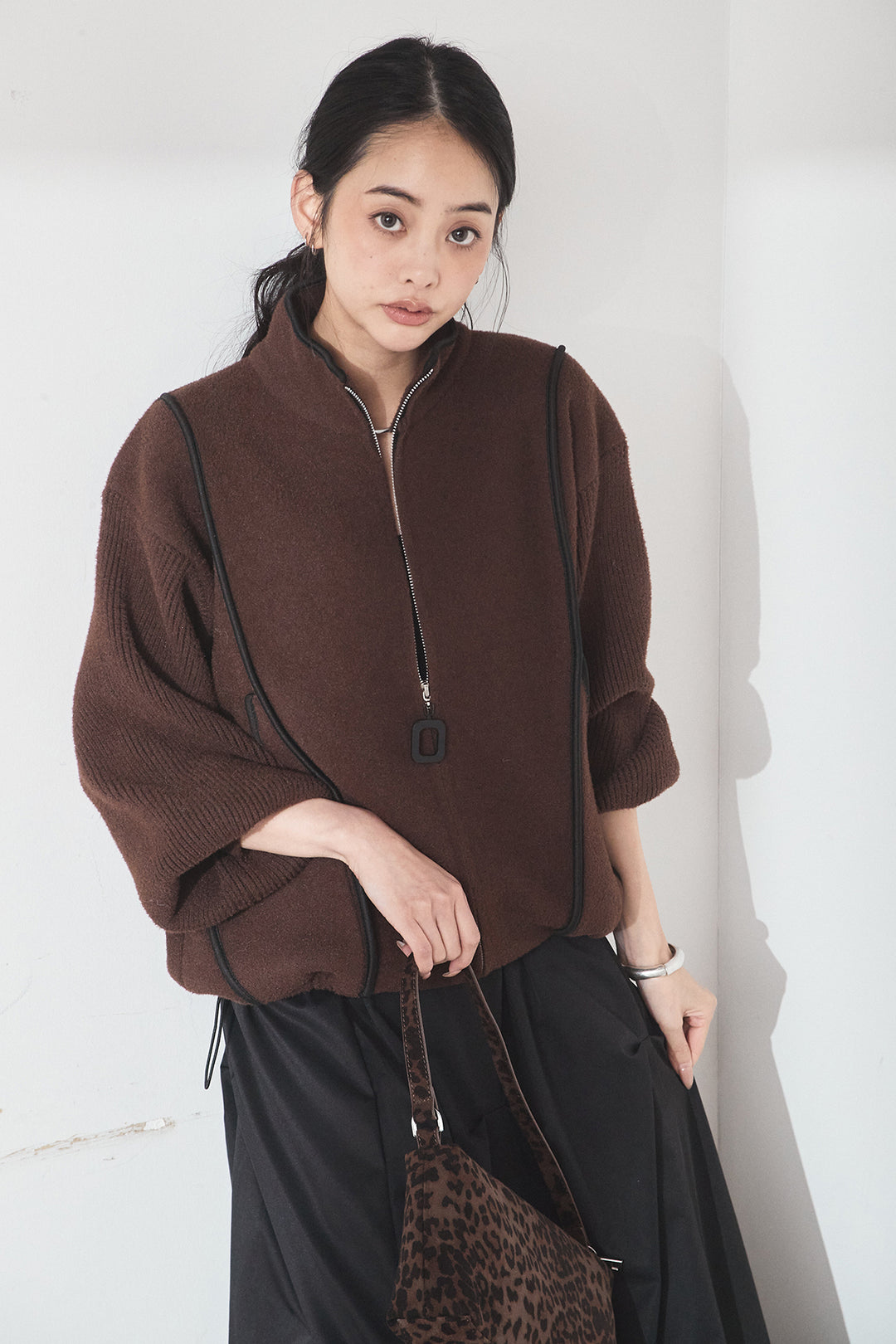 [SET]ハイネックパイピングデザインブルゾン+ランダムタックバルーンスカート(2set)