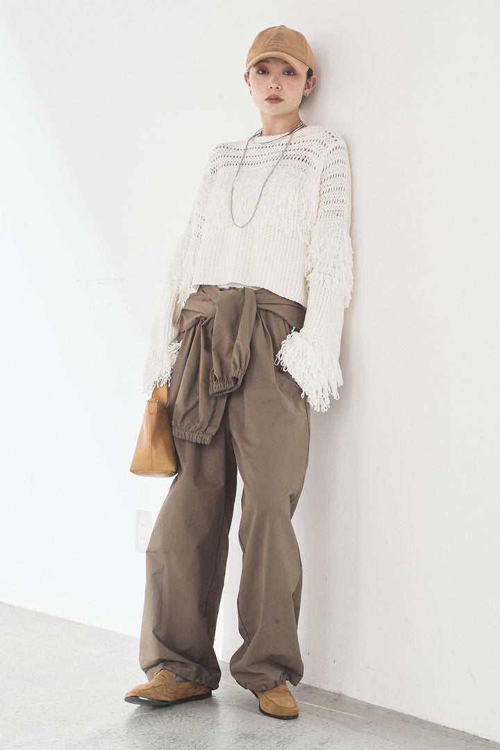 [SET]メッシュフリンジ切り替えプルオーバー+合繊ツイルスタンドウエスト巻きジョガーパンツ(2set)