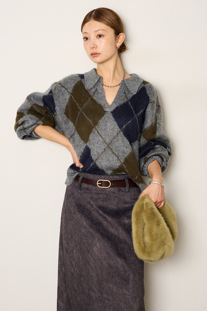 [SET]アクリルモヘアアーガイルキーネックプルオーバー+ロープベルト付きスウェード調スカート(2set)