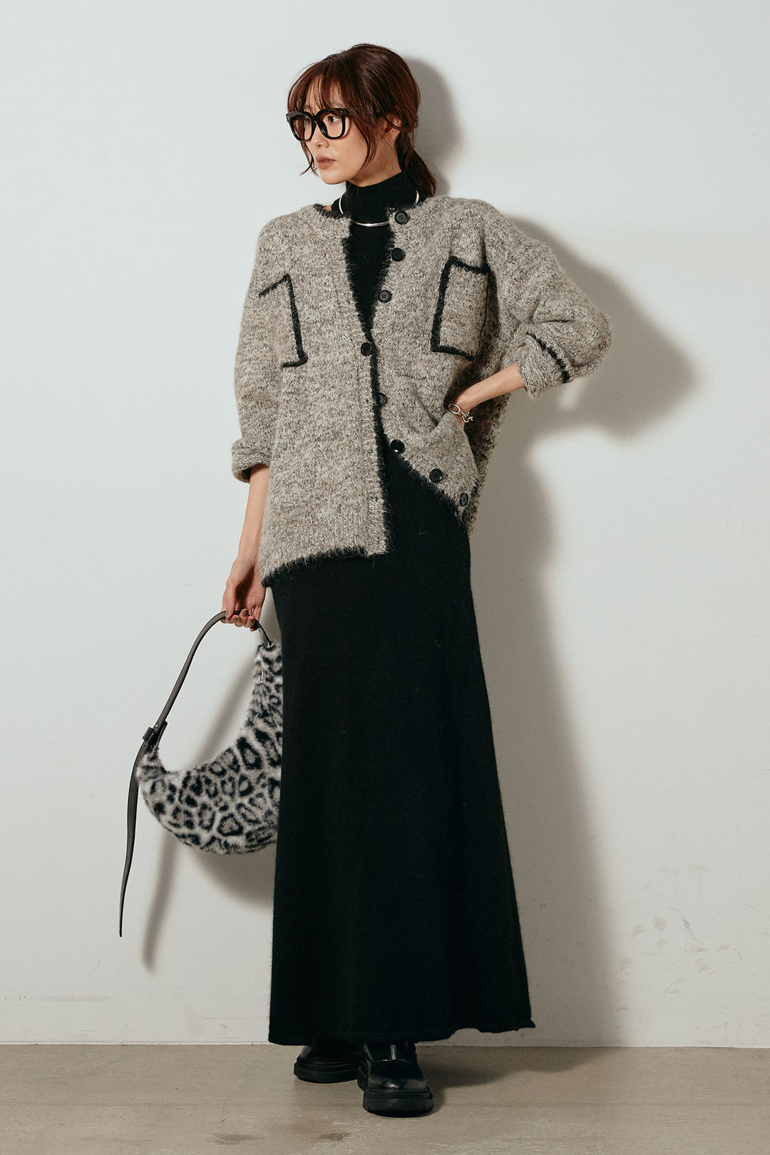 [SET]ミックスニットポケットカーディガン+ノースリーブニットロングワンピース(2set)