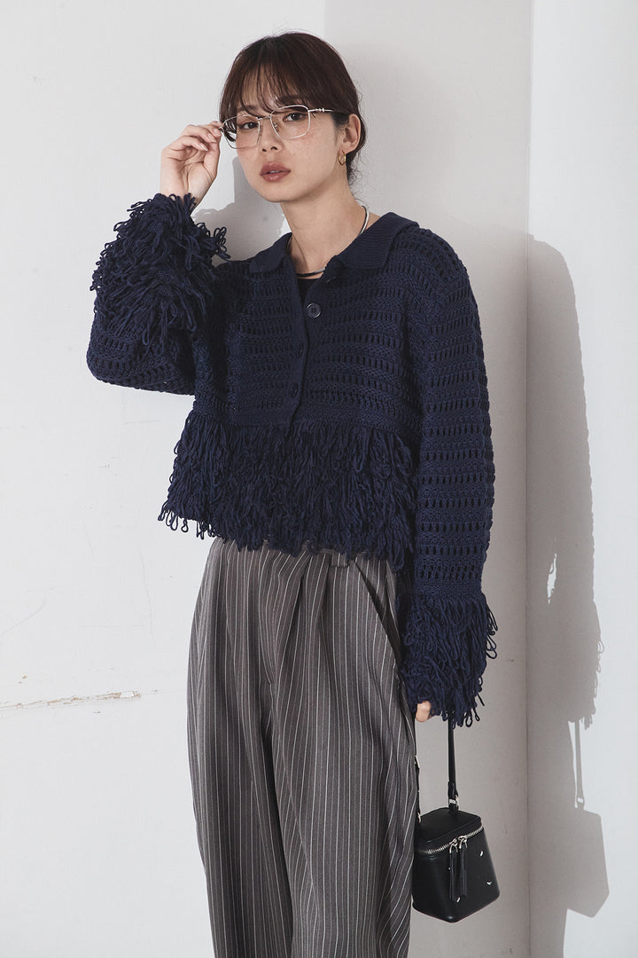 [SET]メッシュフリンジカーディガン+ヘリンボーンストライプツータックパンツ(2set)