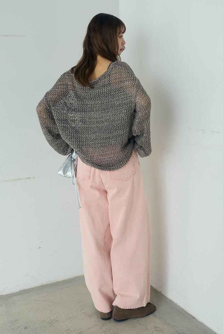 [SET]メッシュ編みビスチェセットVネックプルオーバー+カラーデニムタックカーブパンツ(2set)