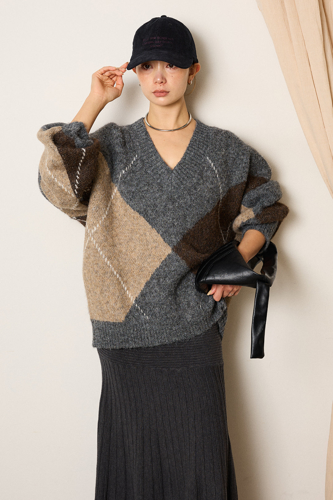 【着回しセット】[SET]ルーズアーガイルVネックニット+ルーズアーガイルVネックニット+編み地切り替えフレアニットスカート(3set)