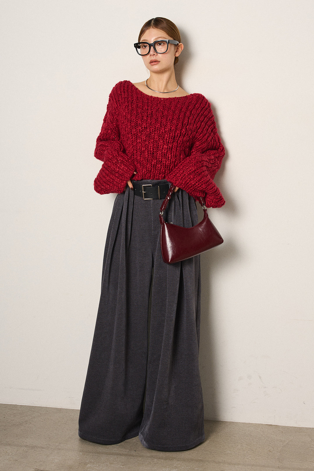 [SET]チャンキースラブニットクロップドプルオーバー+ベルトループコーデュロイワイドパンツ(2set)