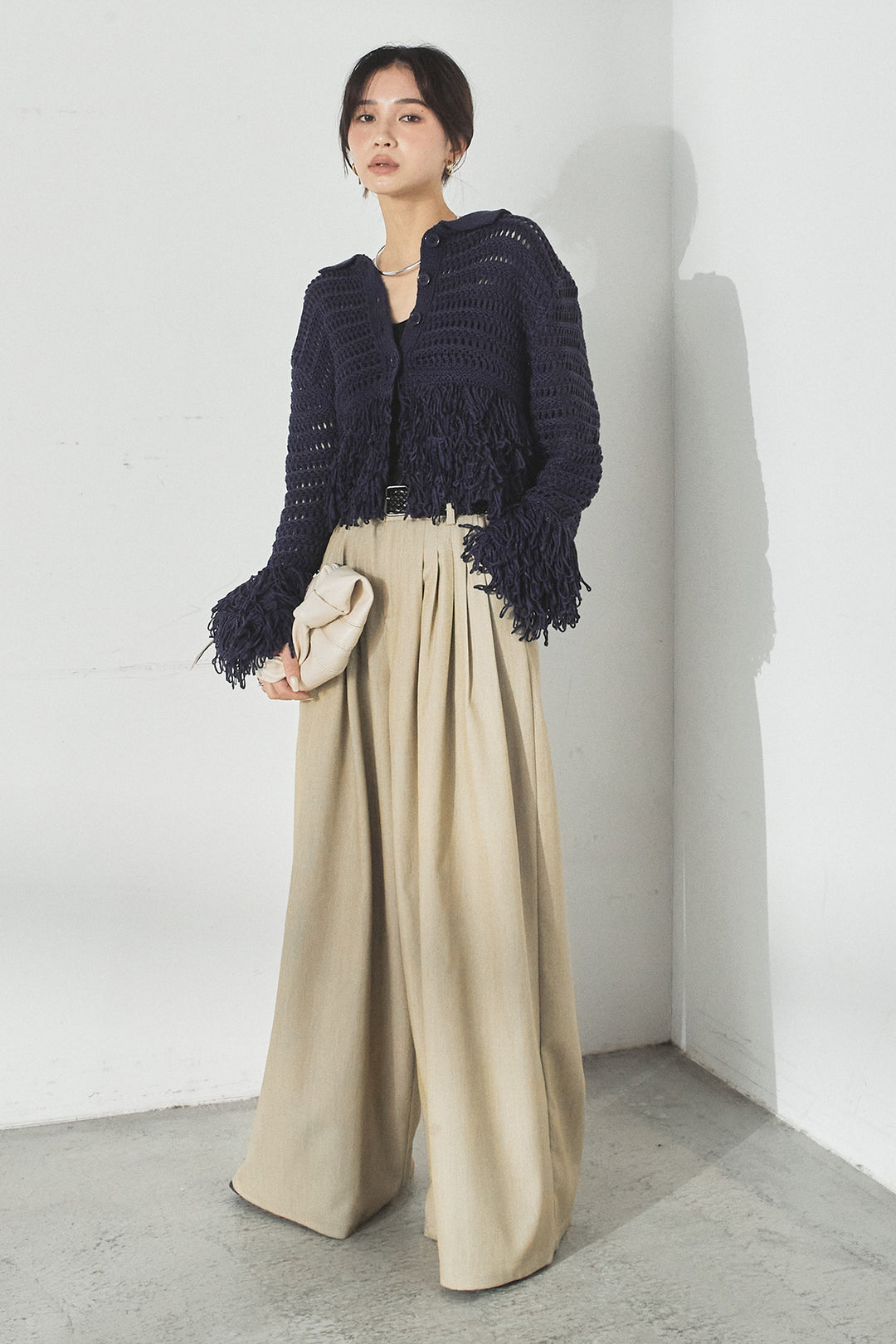 [SET]メッシュフリンジカーディガン+編みベルト付きウエストタックワイドパンツ(2set)