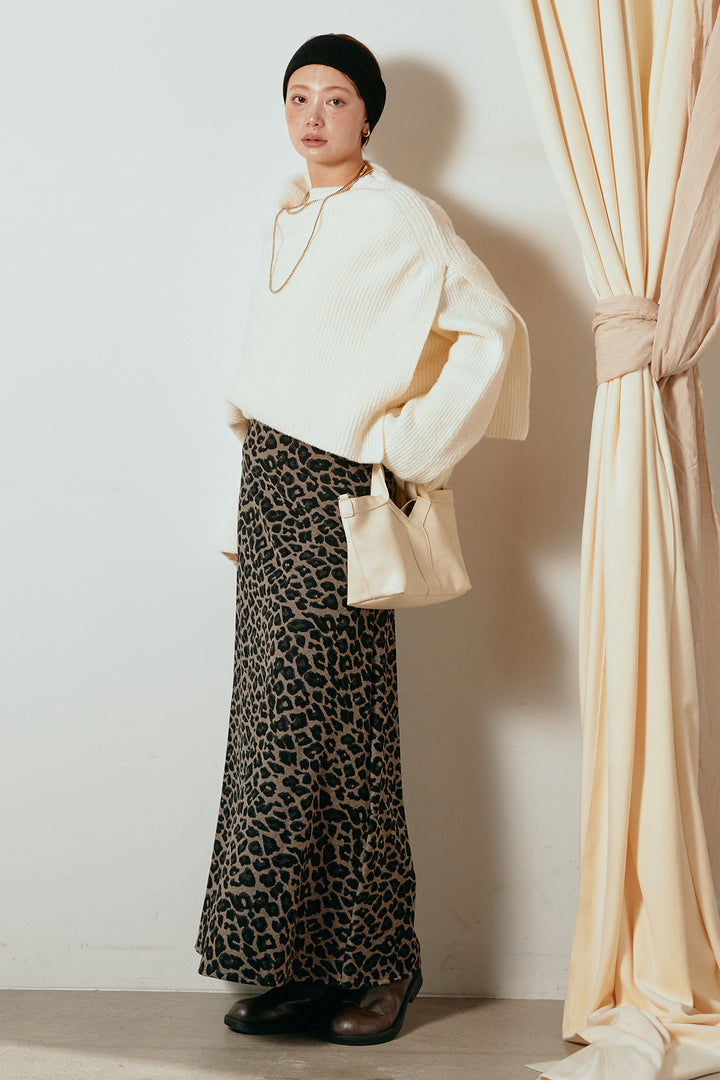 [SET]ケープデザインリブニットトップス+レオパードロングスカート(2set)