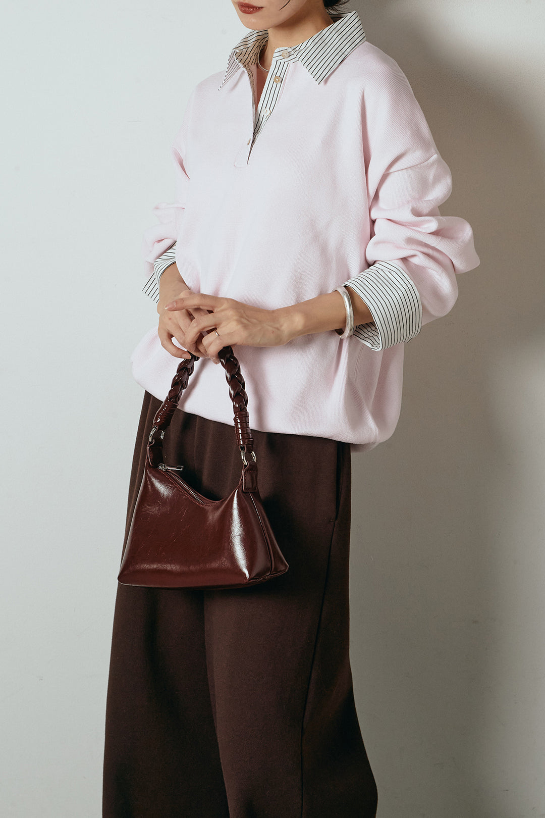 [SET]ストライプシャツドッキングポロトップス+裏起毛スウェットワイドパンツ(2set)