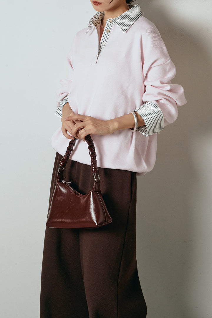 [SET]ストライプシャツドッキングポロトップス+裏起毛スウェットワイドパンツ(2set)