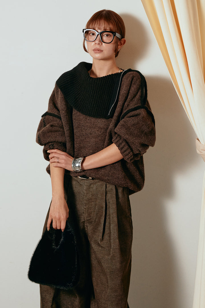 [SET]ハイネックジップデザインニットトップス+フロントタック入りコーデュロイパンツ(2set)