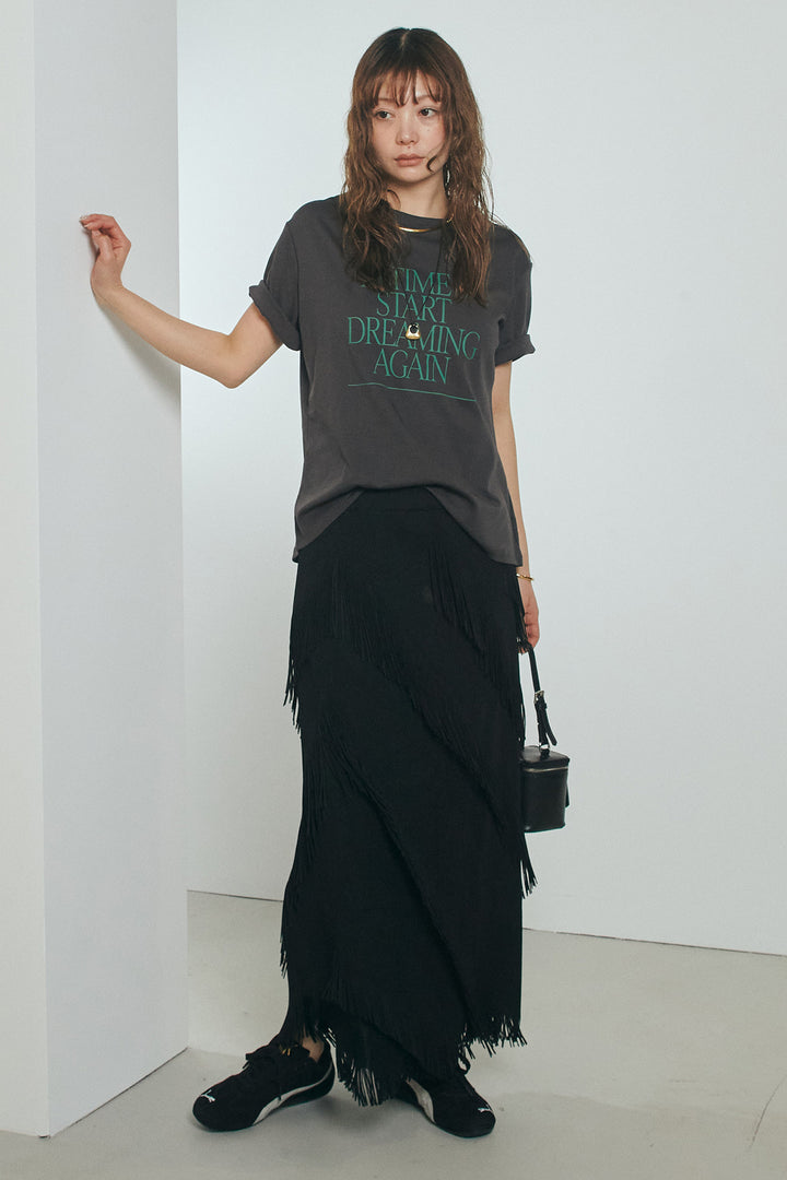 [SET]半袖TIMEロゴカットソー+斜めフリンジデザインスカート(2set)