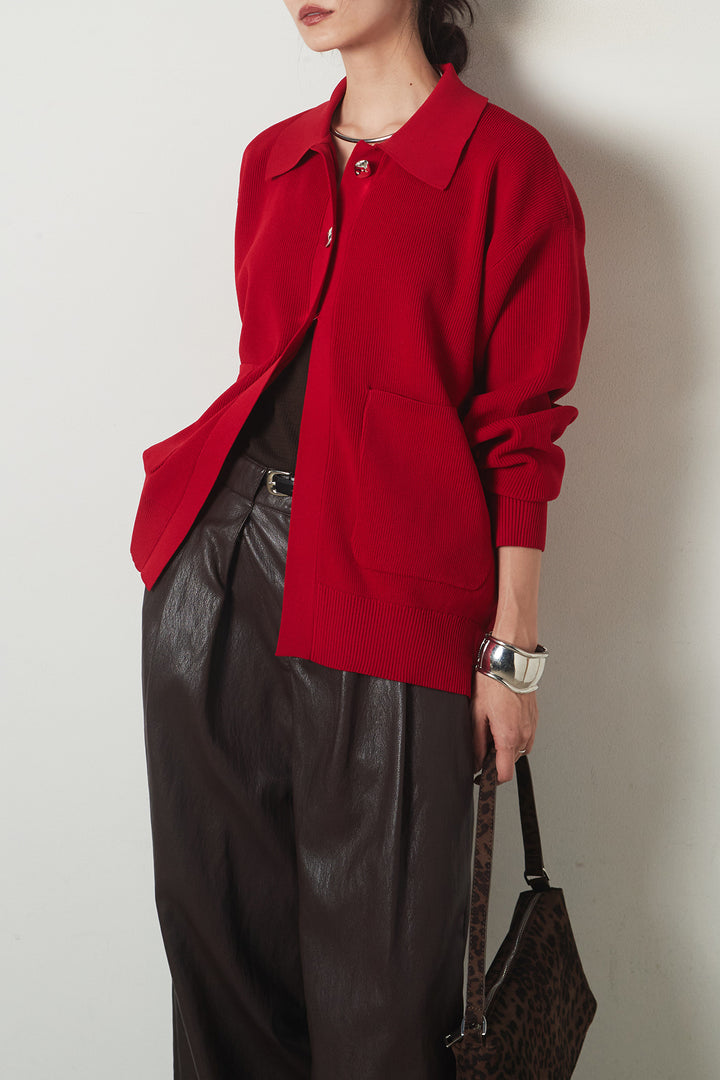 [SET]メタル釦衿付きニットカーディガン+ベルト付きレザーライクタックパンツ(2set)