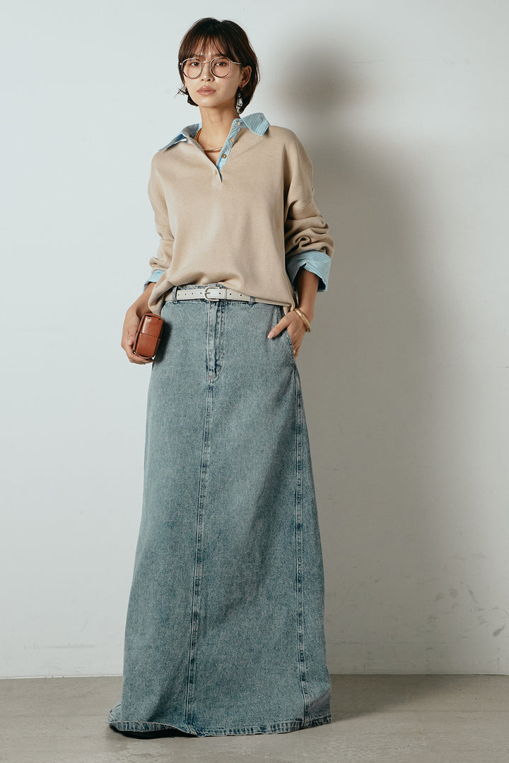 [SET]ストライプシャツドッキングポロトップス+デニムロングフレアスカート(2set)