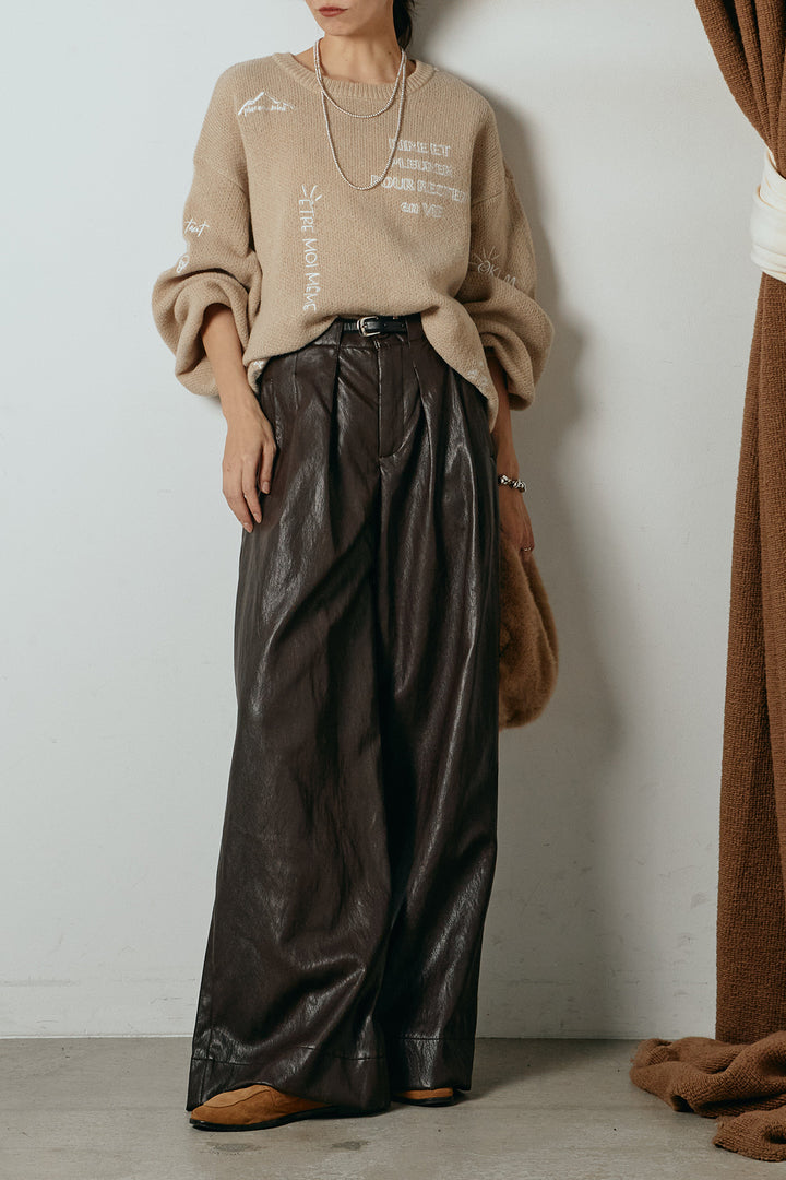 [SET]刺繍ロゴランダムデザインニットトップス+ベルト付きレザーライクタックパンツ(2set)