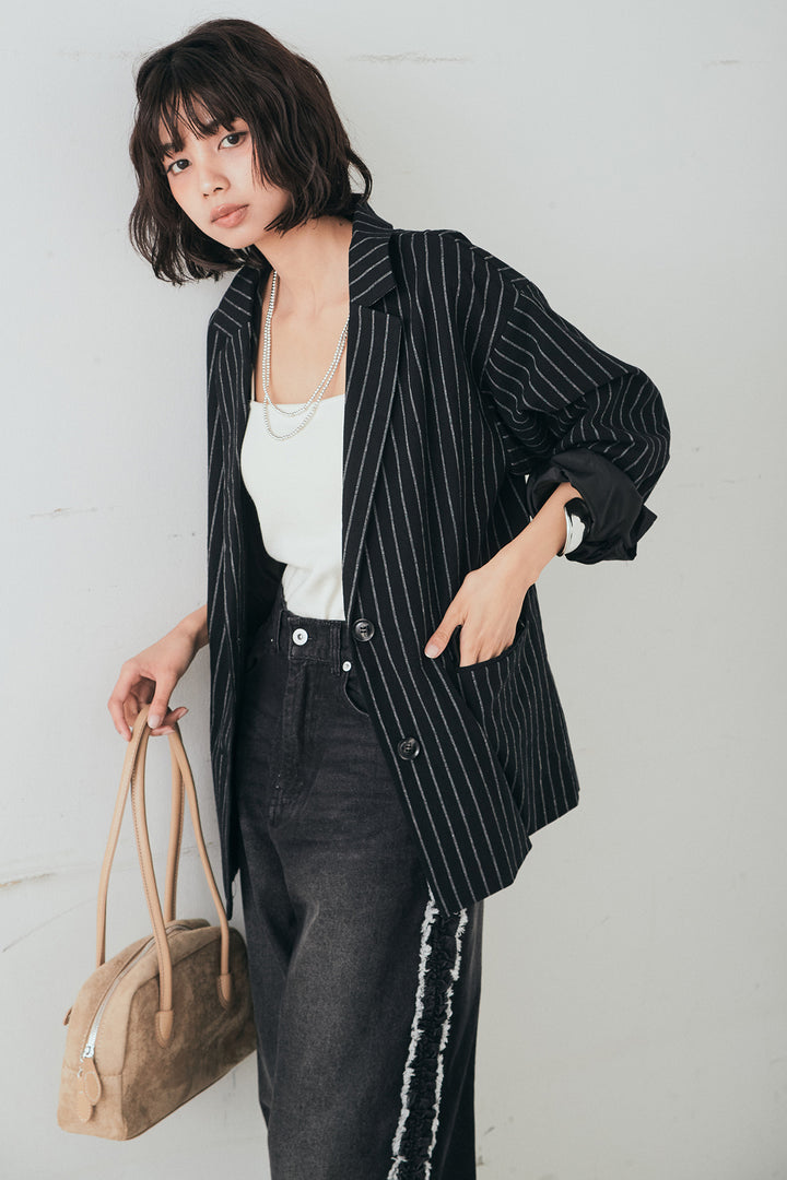 [SET]リネンライクストライプテーラードジャケット+デニムサイドフリルパンツ(2set)