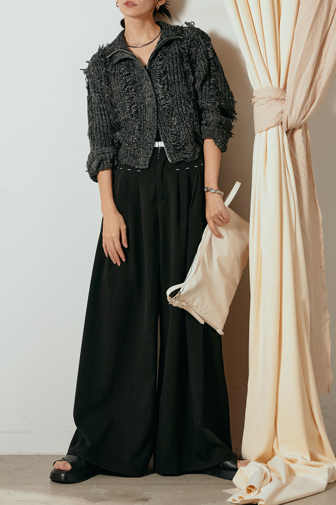 [SET]ハイネックフリンジジップニットトップス+ウエストステッチデザインワイドスラックス(2set)
