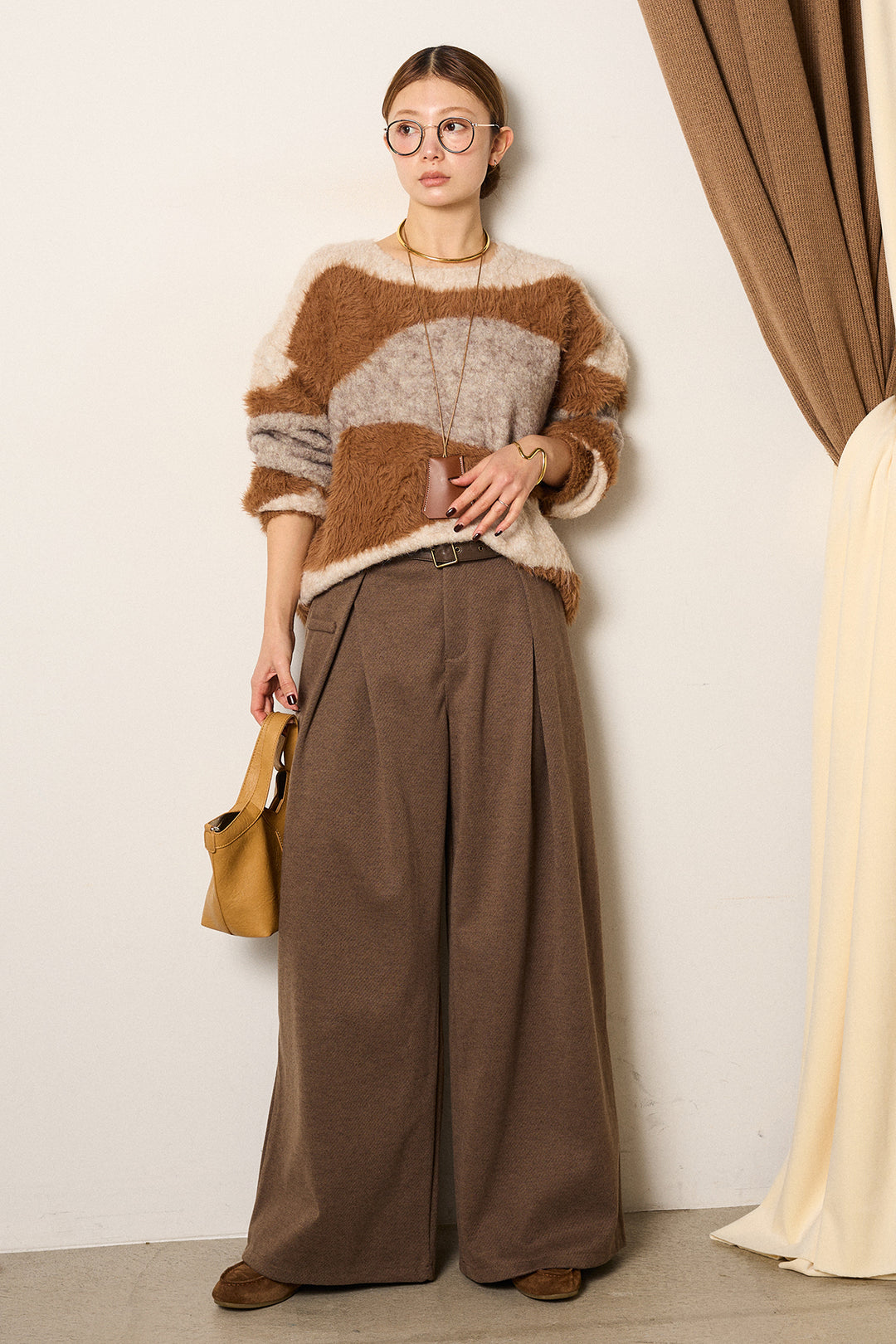 [SET]シャギーウェーブ柄クルーネックニットトップス+細ベルト付き起毛タックワイドパンツ(2set)