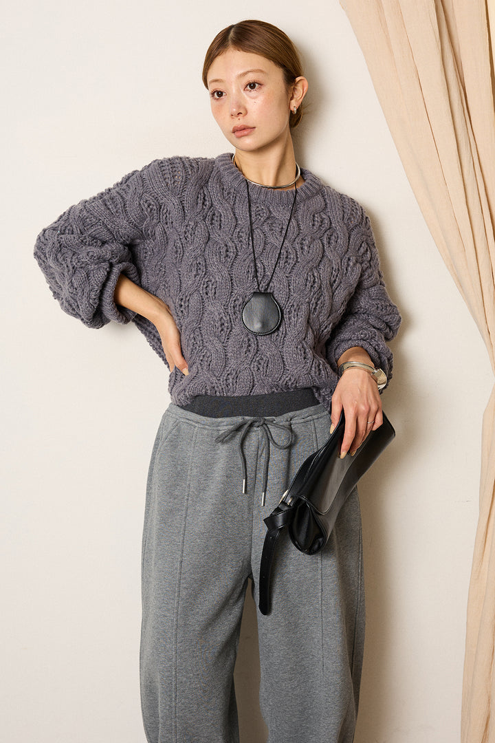 [SET]ケーブルリラックスショートニット+スウェットワイドカーブパンツ(2set)
