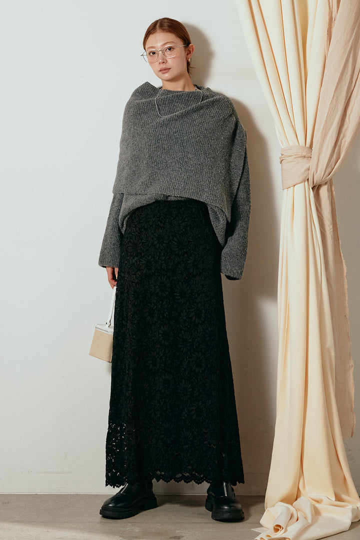 [SET]ケープデザインリブニットトップス+花柄刺繍ベロアフレアスカート(2set)