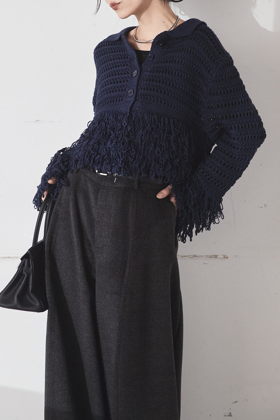 [SET]メッシュフリンジカーディガン+ウールタッチカーブワイドパンツ(2set)