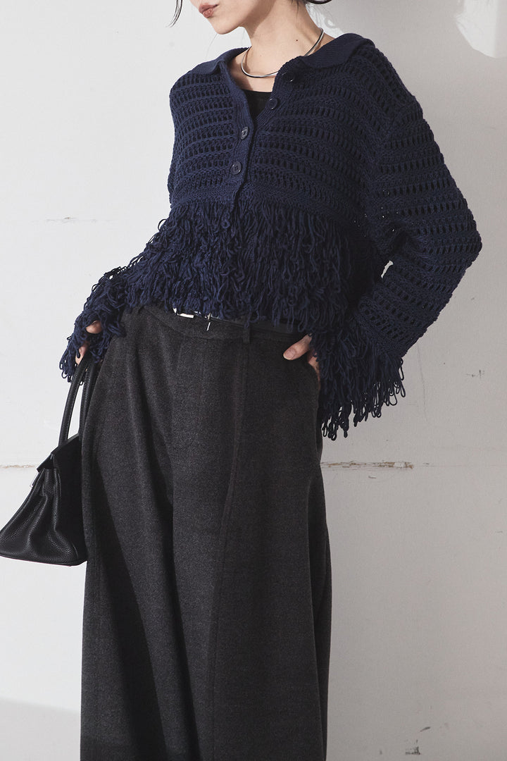 [SET]メッシュフリンジカーディガン+ウールタッチカーブワイドパンツ(2set)