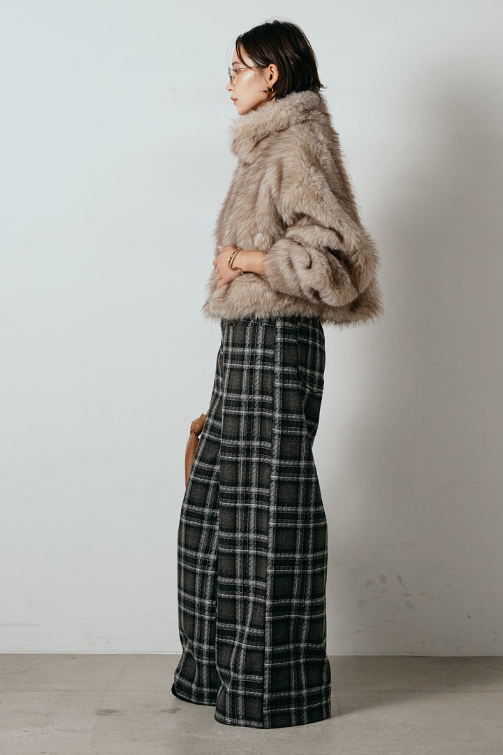 [SET]エコファーショート丈ブルゾン+ルーズタータンチェックワイドパンツ(2set)
