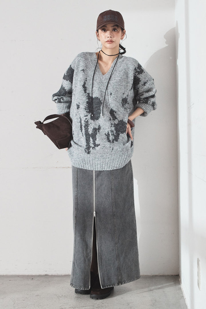[SET]アブストラクト柄ニットプルオーバー+フロントジップデニムスカート(2set)