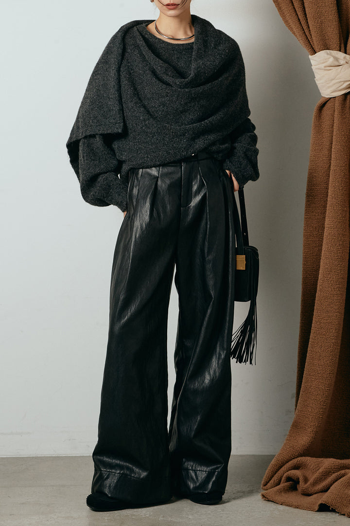 [SET]ネック巻きデザインニットトップス+ベルト付きレザーライクタックパンツ(2set)