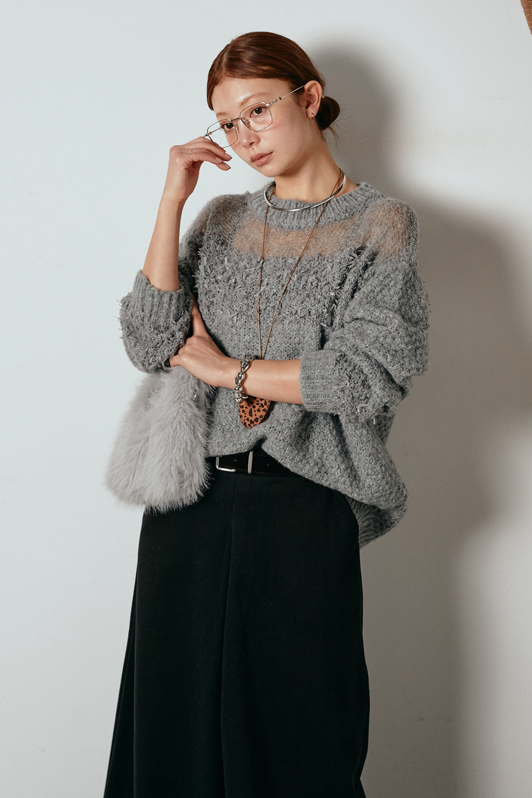 [SET]パターンランダム編みニットトップス+ベルト付きフロントタックデザインパンツ(2set)