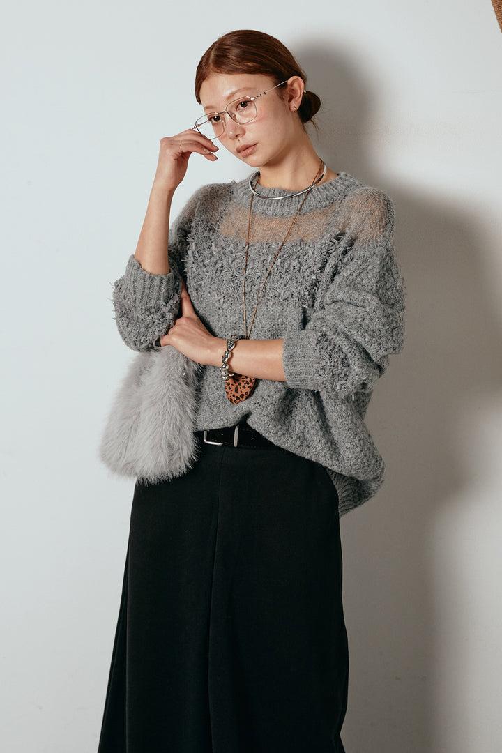 [SET]パターンランダム編みニットトップス+ベルト付きフロントタックデザインパンツ(2set)