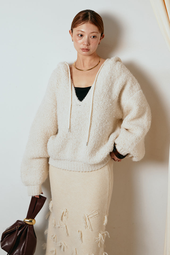 [SET]ブークレキーネックプルオーバー+ポイントフリンジニットナロースカート(2set)