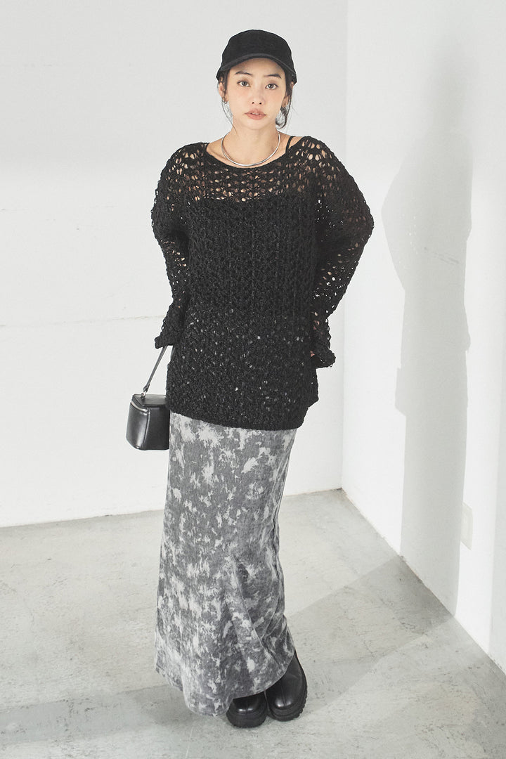 [SET]リラックスメッシュニットトップス+タイダイ柄ベロアワイドスカート(2set)