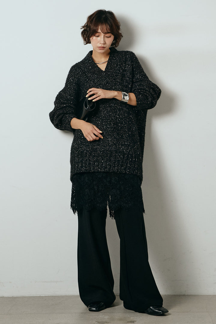 [SET]Vネックラメニットトップス+レース刺繍レイヤードフレアパンツ(2set)