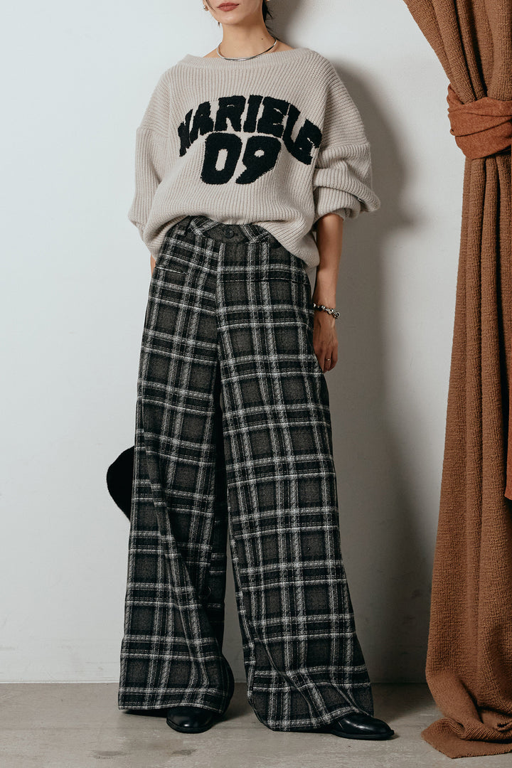 [SET]ロゴジャガードニットトップス+ルーズタータンチェックワイドパンツ(2set)