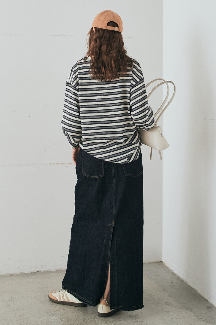 [SET]レースアップワッフルボーダートップス+ウエストクロスデニムタイトスカート(2set)