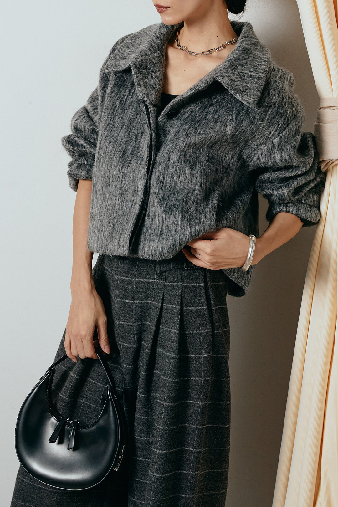 [SET]シャギーショートジャケット+スクエアチェック柄ワイドパンツ(2set)