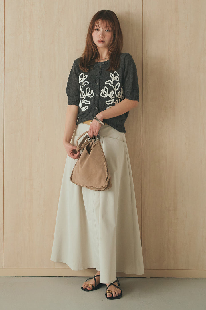 [SET]フロントテープデザイン半袖カーディガン+ミリタリーツイルタックフレアスカート(2set)