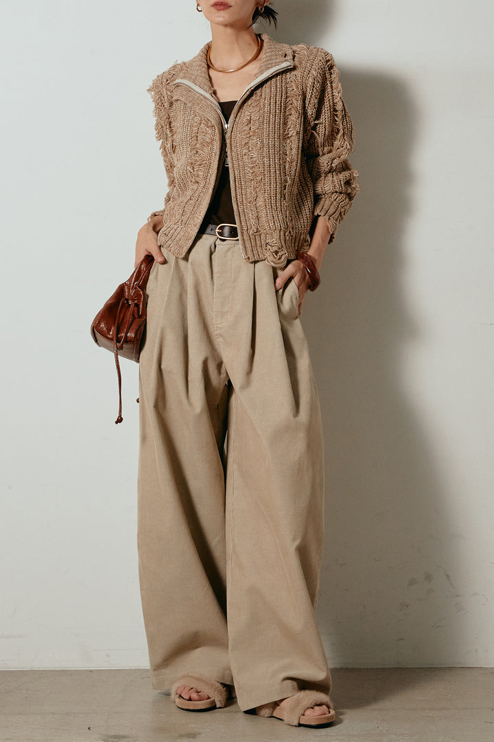 [SET]ハイネックフリンジジップニットトップス+フロントタック入りコーデュロイパンツ(2set)