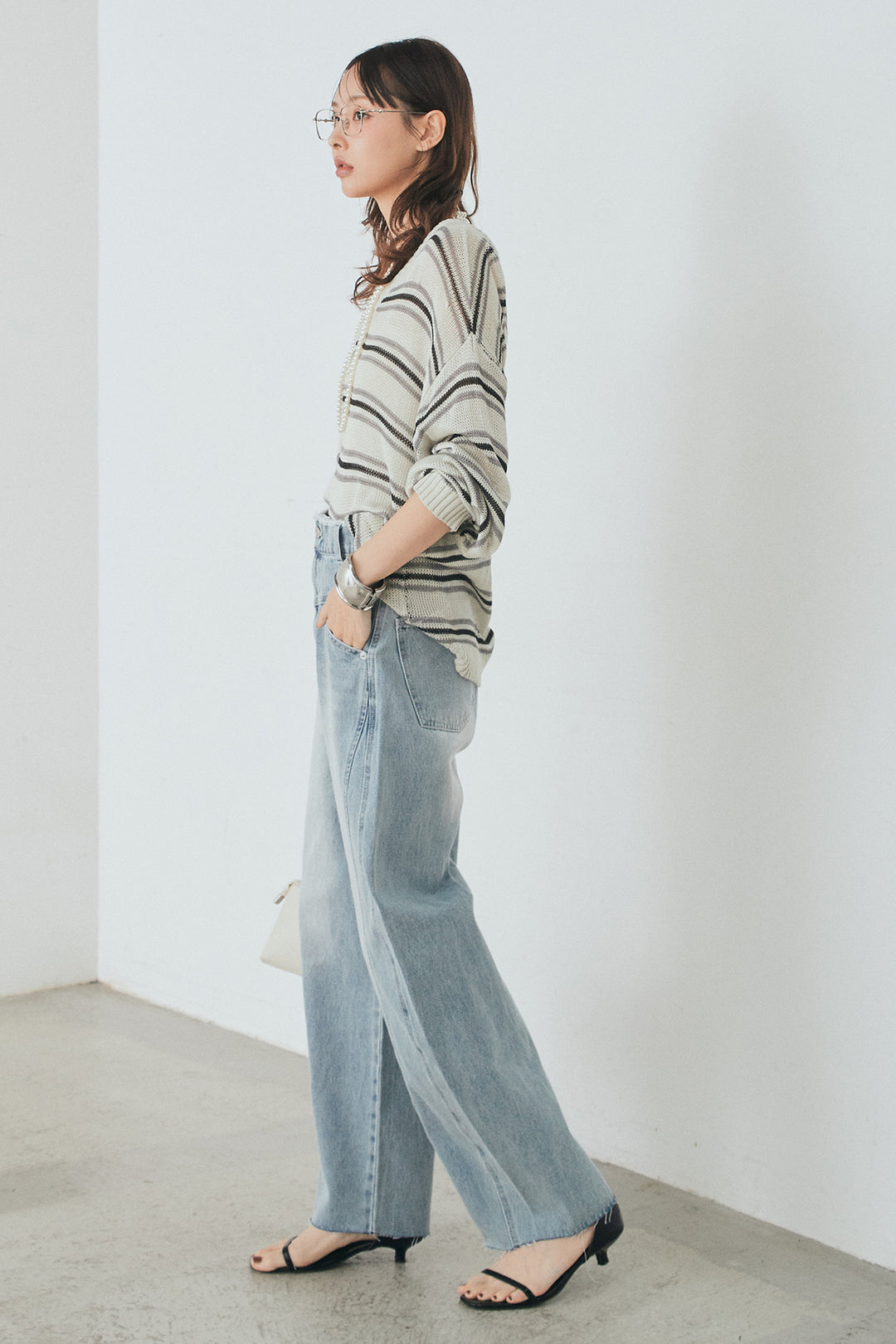 [SET]綿タッチVネックボーダートップス+デニムヨークパンツ(2set)