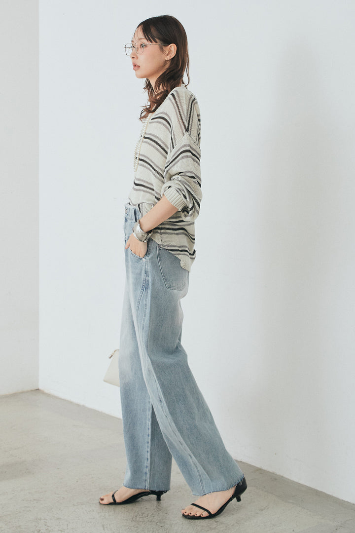 [SET]綿タッチVネックボーダートップス+デニムヨークパンツ(2set)