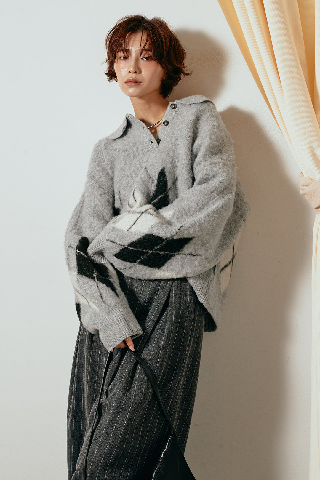 [SET]アーガイル柄ポロニットトップス+ストライプヘリンボーンパンツ(2set)