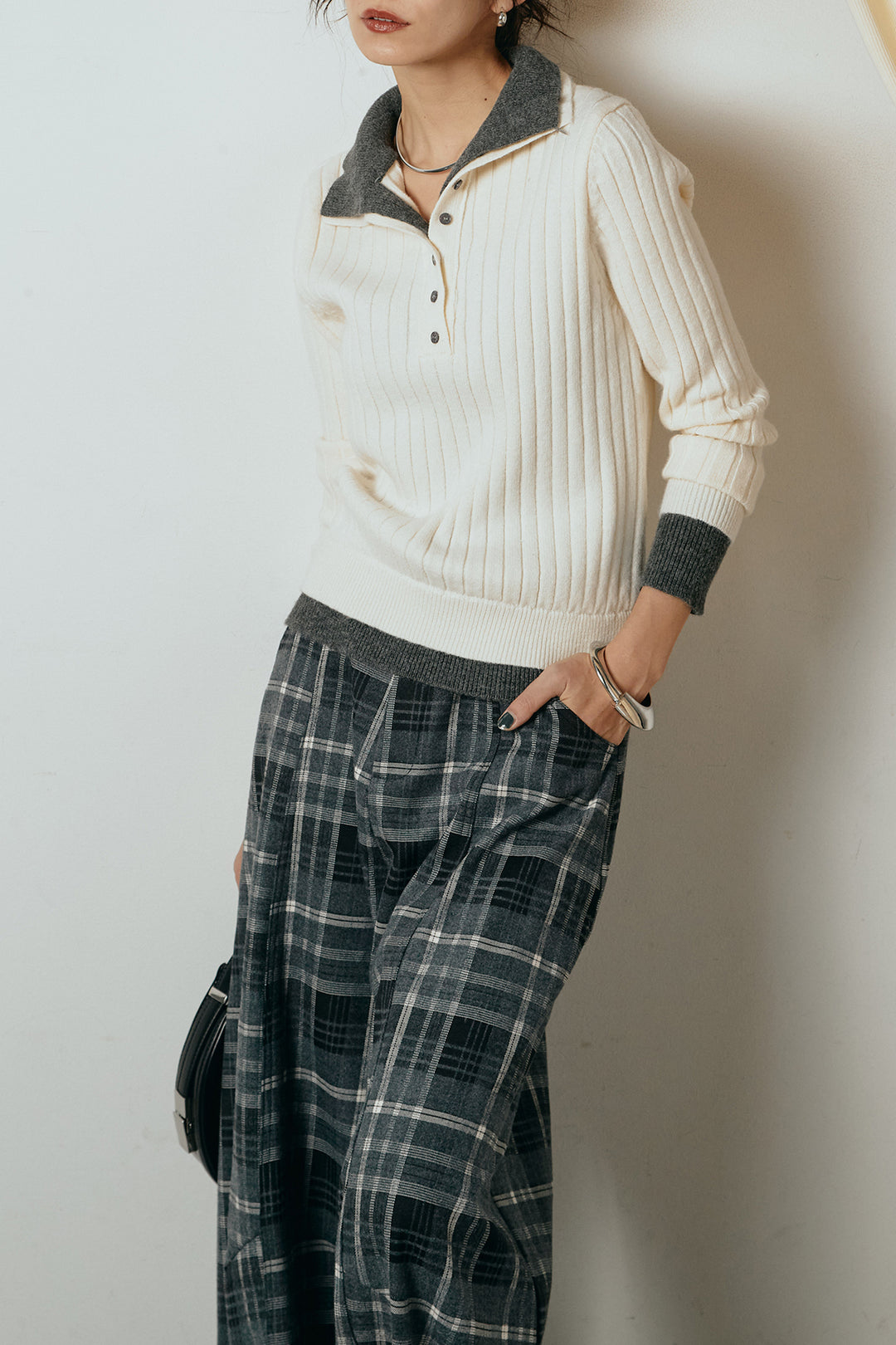 [SET]レイヤード風リブニットトップス+ベルト付きタータンチェックカーブワイドパンツ(2set)