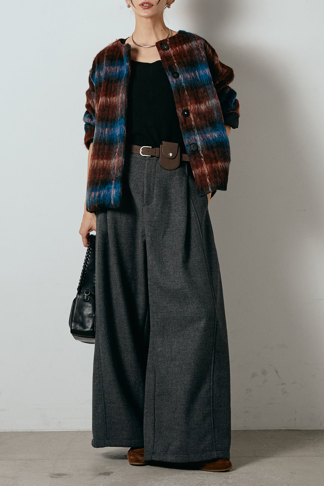 [SET]ノーカラーシャギーチェックアウター+ポーチベルト付きカーブパンツ(2set)