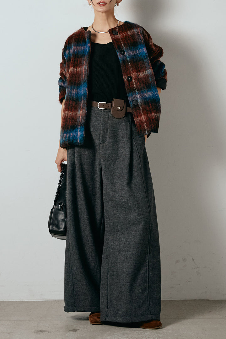 [SET]ノーカラーシャギーチェックアウター+ポーチベルト付きカーブパンツ(2set)