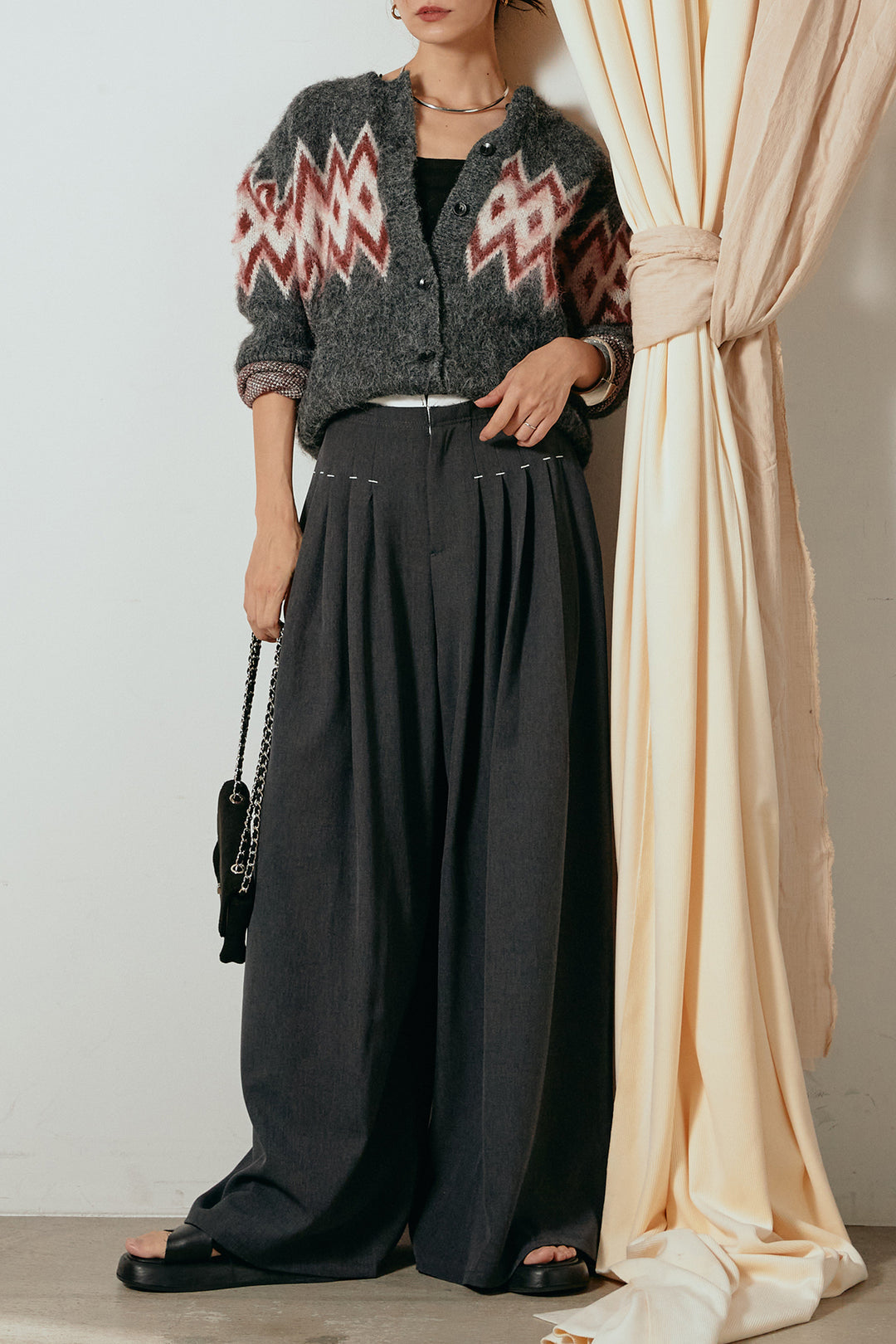 [SET]起毛ノルディック柄ニットカーディガン+ウエストステッチデザインワイドスラックス(2set)