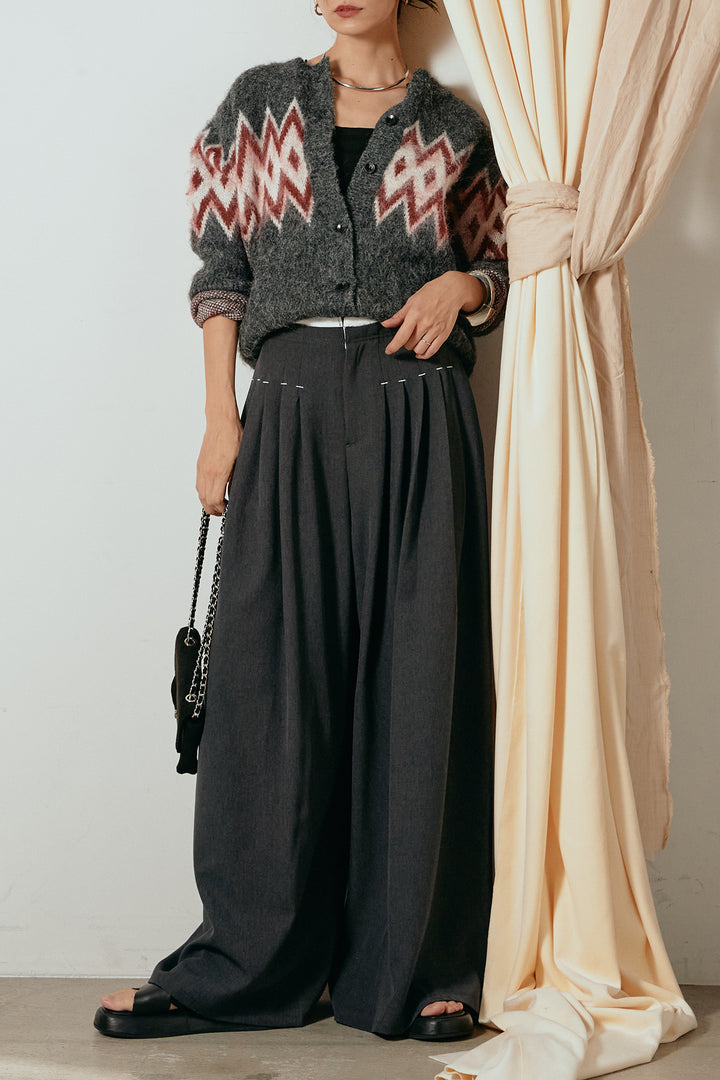 [SET]起毛ノルディック柄ニットカーディガン+ウエストステッチデザインワイドスラックス(2set)