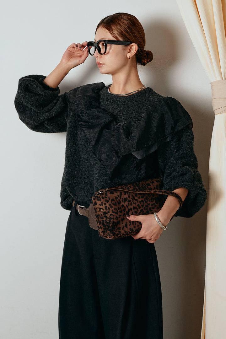 [SET]アシンメトリーフリルニットトップス+ポーチベルト付きカーブパンツ(2set)