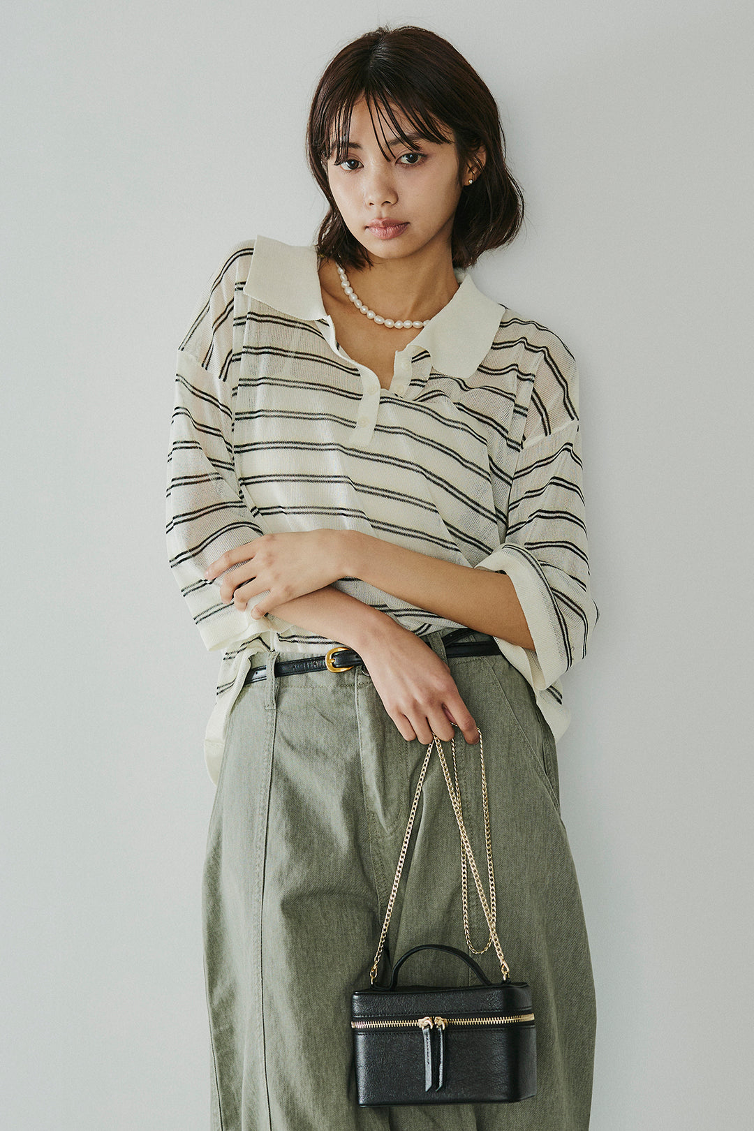 [SET]ボーダーニットポロシャツ+サイドベルトカーブワイドパンツ(2set)